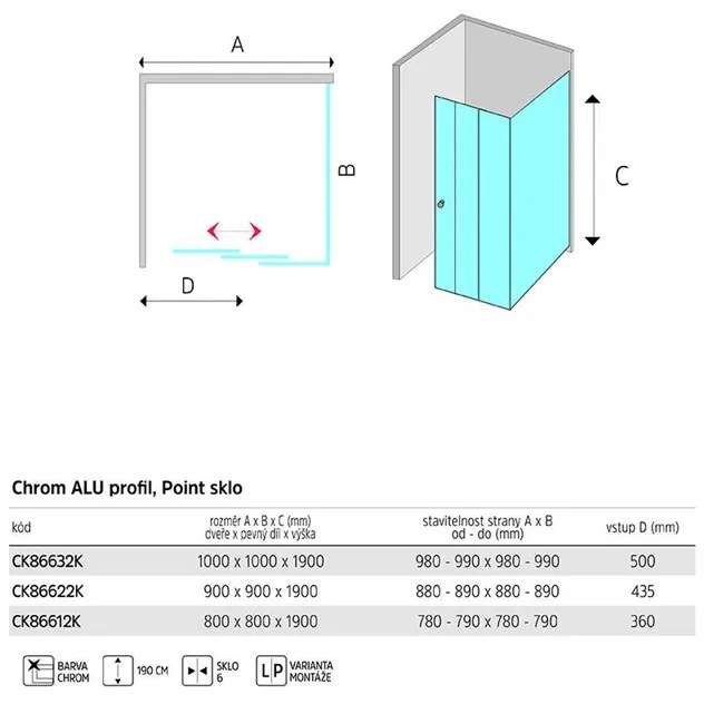 Mereo Lima, sprchovací kút 900x900 cm, štvorec, chróm ALU, sklo Point, MER-CK86622K