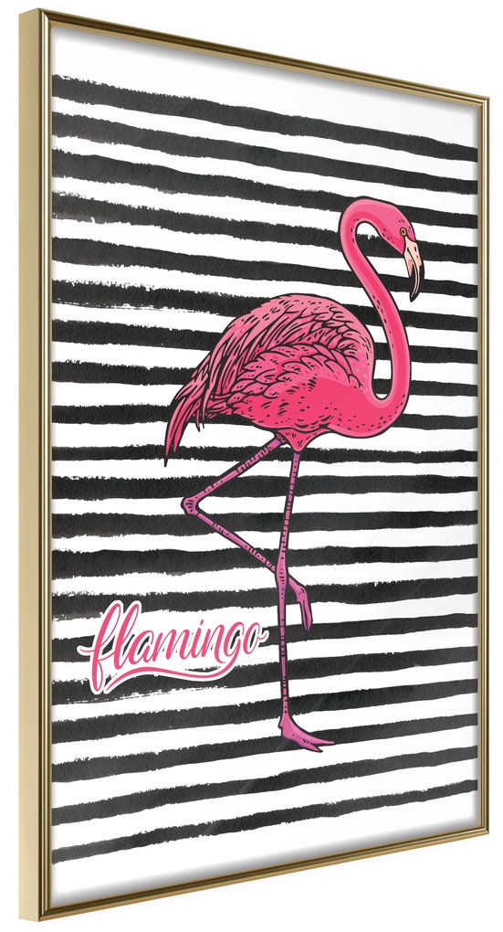 Artgeist Plagát - Black Stripes and Flamingo [Poster] Veľkosť: 30x45, Verzia: Zlatý rám s passe-partout