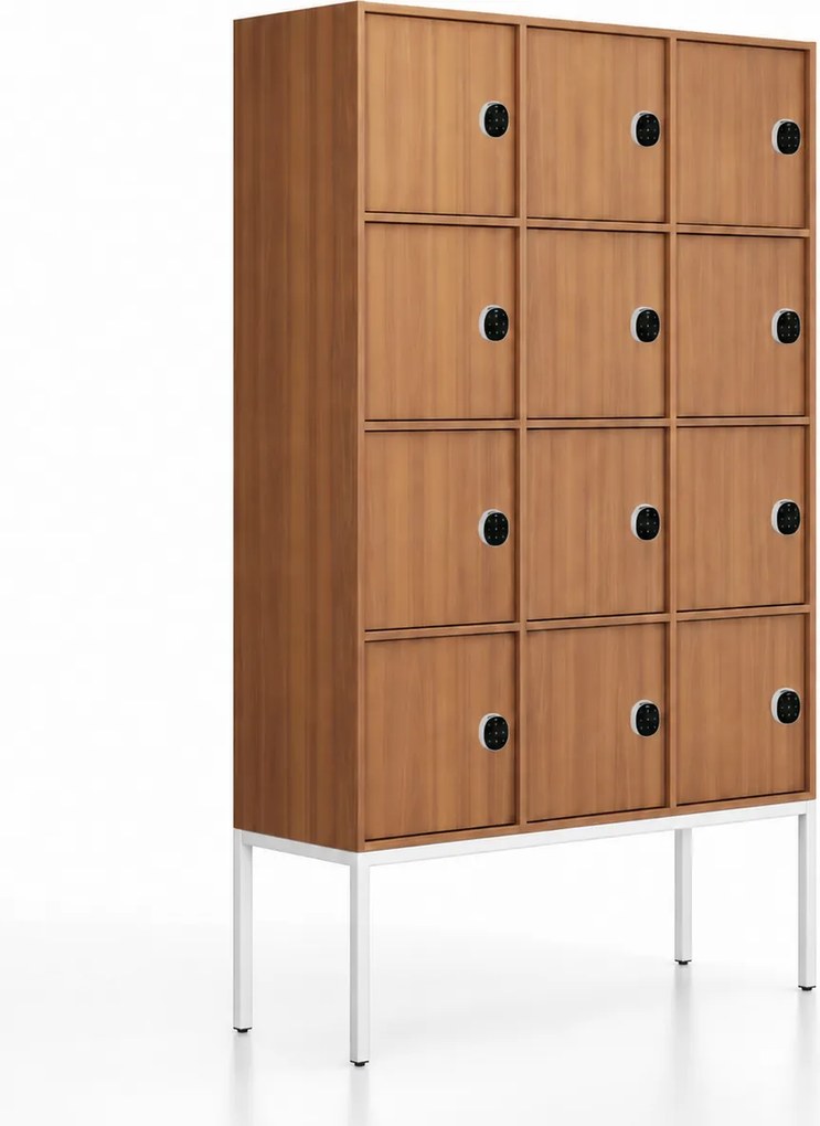Kancelárska skriňa FRAME, biela podnož, 12x dvere, 1299 x 450 x 2185 mm, kódový zámok, orech