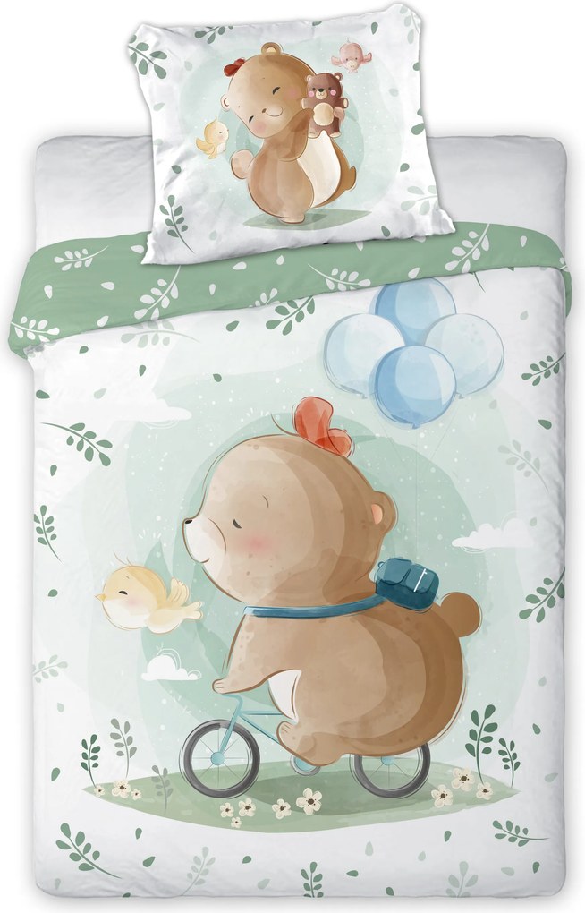 FARO Obliečky do postieľky 100x135 + 40x60 cm - Medvedík na bicykli
