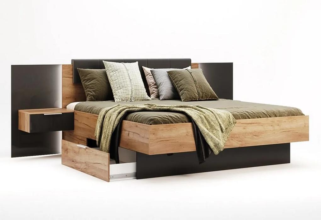 Manželská posteľ DOTA + rošt + matrac MORAVIA + doska s nočnými stolíkmi, 180x200, dub Kraft/sivá