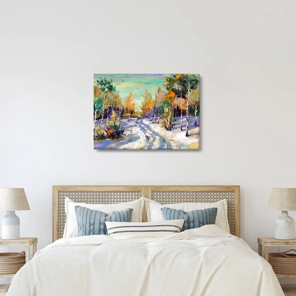 Obraz - Zasnežená cesta lesom, olejomaľba (70x50 cm)