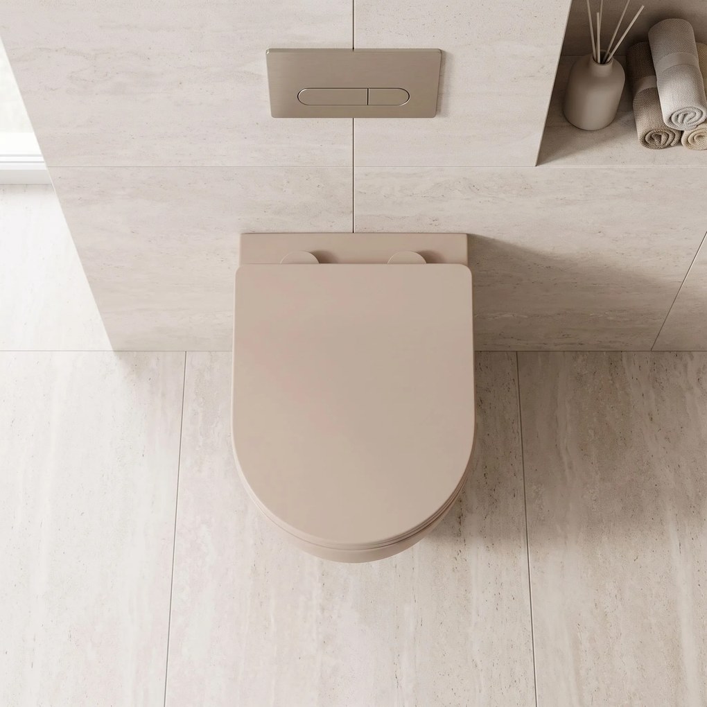 Rea Carlo Mini, závesná WC misa Rimless Tornado so sedadlom, béžová matná, REA-C4599