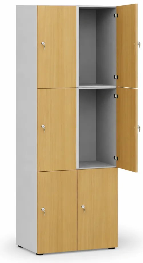 Drevená šatníková skrinka S4 s úložnými boxmi, 6 boxov, demont, cylindrický zámok, sivá/biela