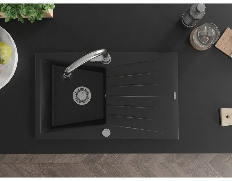 Mexen Cesar, 1-komorový granitový drez 775x470x190 mm a drezová batéria Elia, čierna, 6514-77-670101-00
