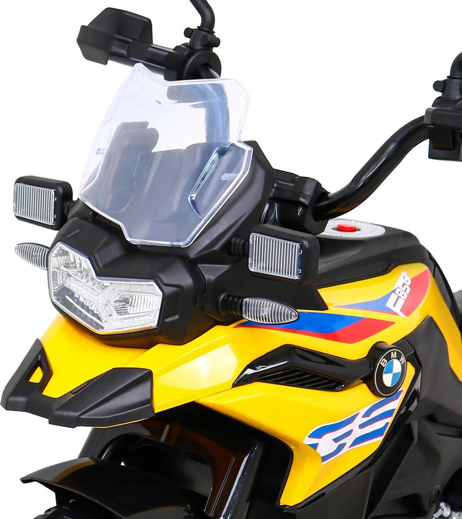 Ramiz BMW F850 GS Detský motocykel na batérie žltý + asistenčné kolesá + LED audio + pomalý štart + EVA