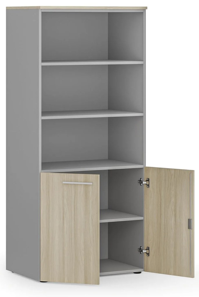 Kombinovaná kancelárska skriňa PRIMO GRAY, nízke dvere, 800 x 500 x 1781 mm, sivá/dub prírodný