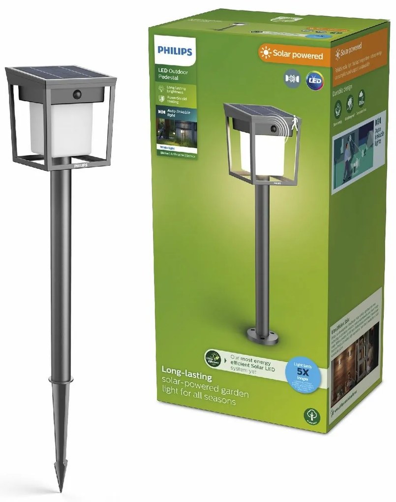 Philips Blaise UltraEfficient solárny LED stĺpikso senzorom antracit, 1,5 W, 250/20 lm, 3000 K