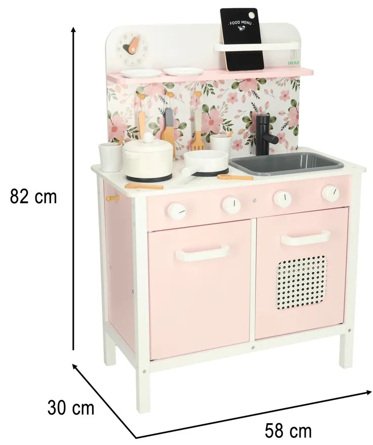 KIK LULILO FLORA detská drevená kuchynka s doplnkami, ružovo-biela, 82 cm