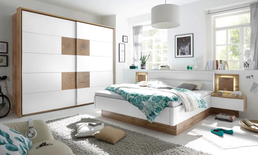 Posteľ s nočnými stolíkmi Capri 180x200 cm, dub wotan/biela