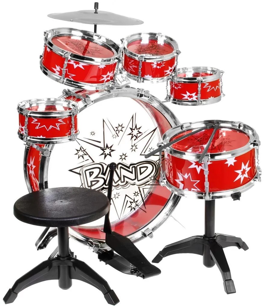 RAMIZ 6-bubnová súprava bicích pre deti 3+, červená, 8 ks. + stolička 2 paličky ZMU.28875A.CR