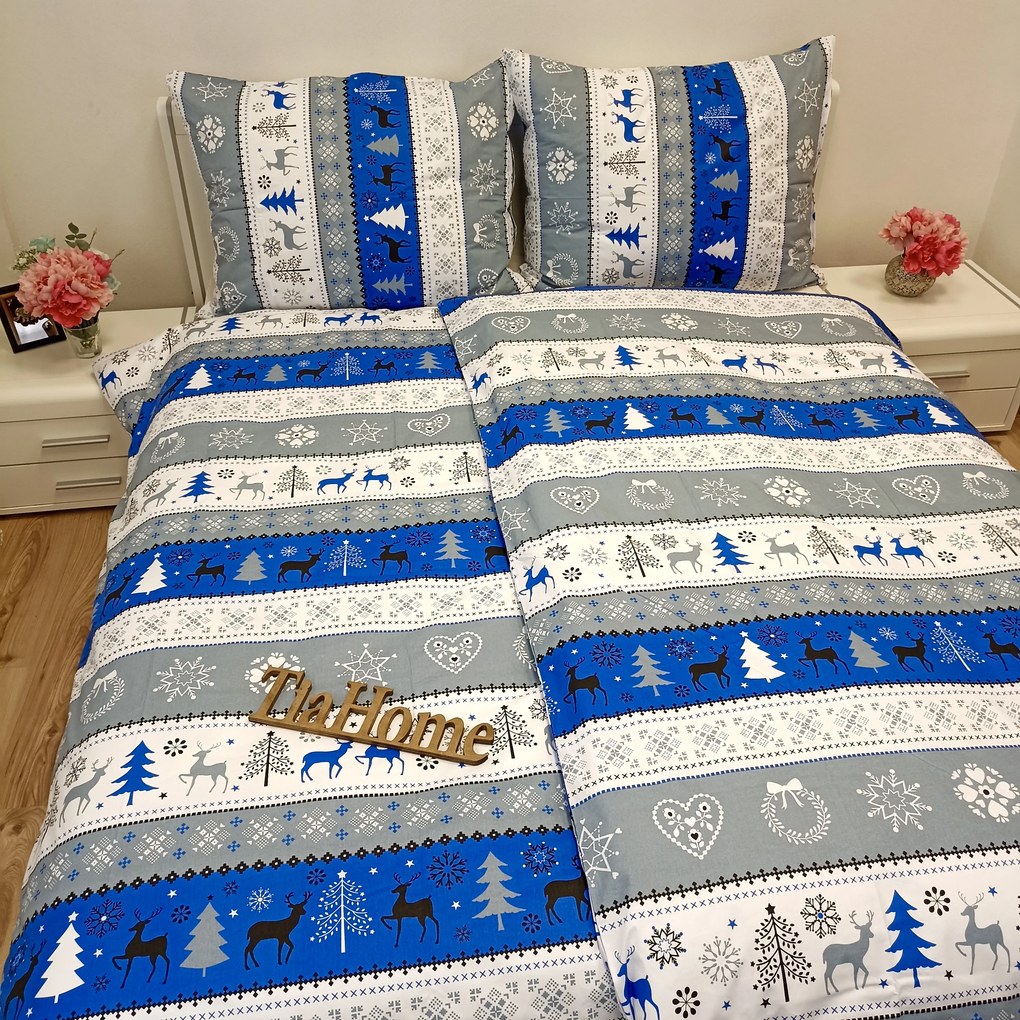 Obliečky bavlnené Vianočné obliečky Christmas modré - 1x Vankúš 90x70cm, 1x Paplón 140x200cm