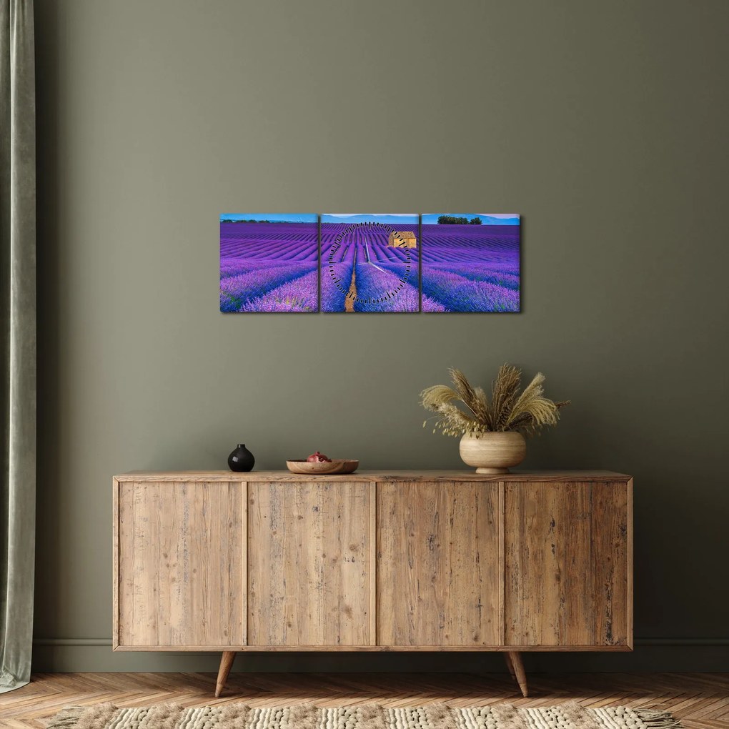 Obraz - Levanduľové pole (s hodinami) (90x30 cm)