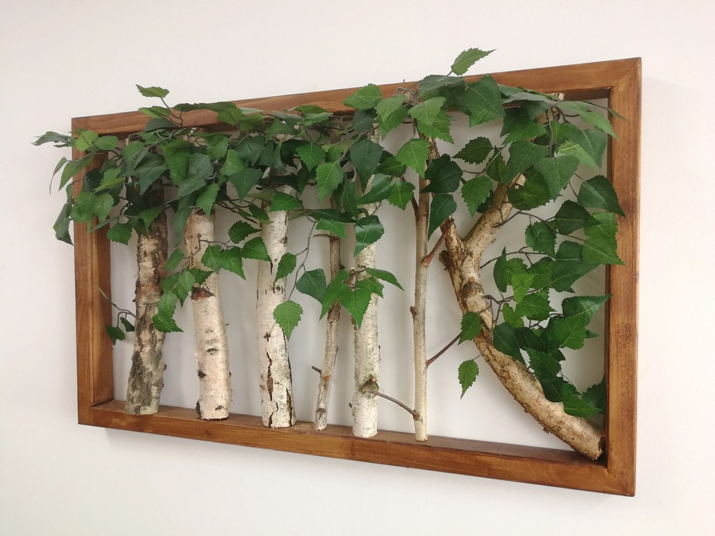 Drevený obraz s brezovým drevom a listami 60cm x 100cm
