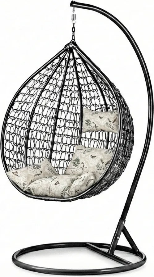 Čierne závesné kreslo KOKON so stojanom, béžový vankúš