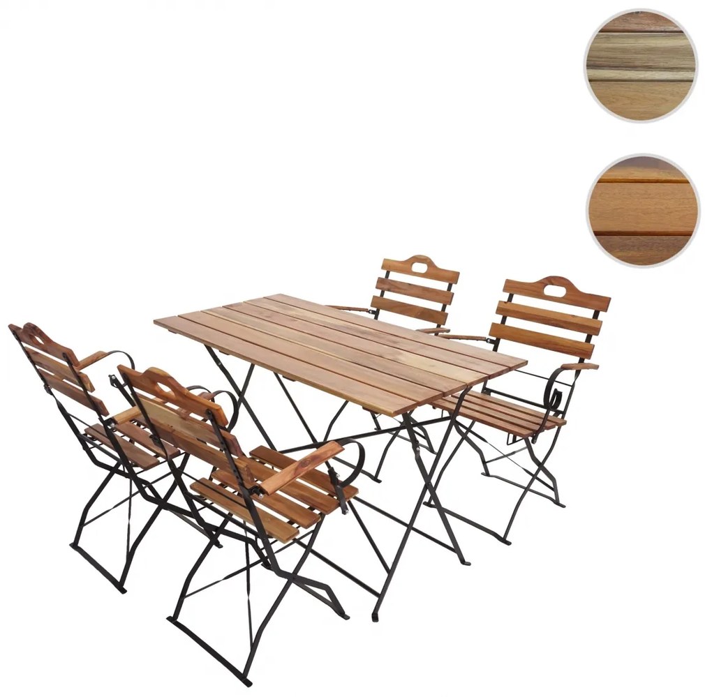 Záhradná súprava 4 skladacích stoličiek a stola HWC-J40, drevo / kov - natur