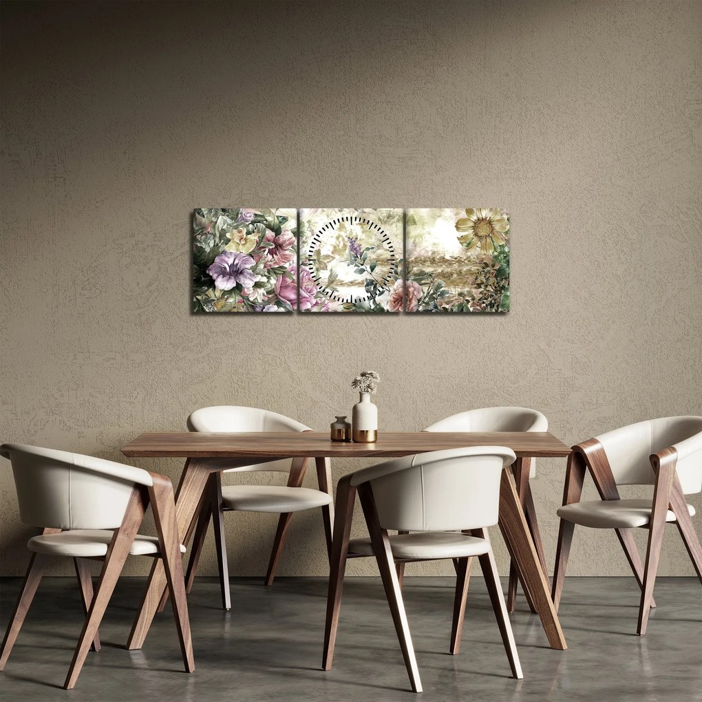 Obraz - Dizajnové kvety (s hodinami) (90x30 cm)