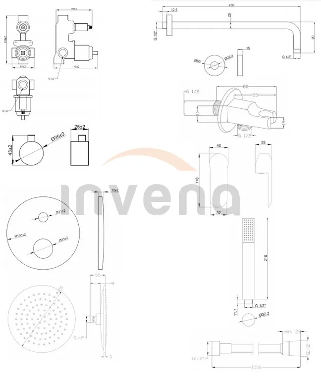 Invena Siros, podomietková sprchová sada s 2-výstupovým telesom, čierna matná, INV-BS-90-012-A