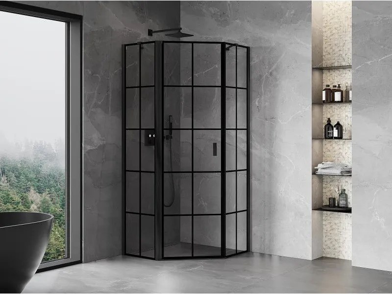 Mexen Mist, päťuholníkový sprchový kút, ľavý 90 x 90 cm, čierna mriežka, čierny - 8A8-090-090-70-77-L