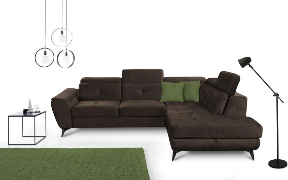 Rohová sedacia súprava Sergio, tmavo hnedá látka, pravý roh