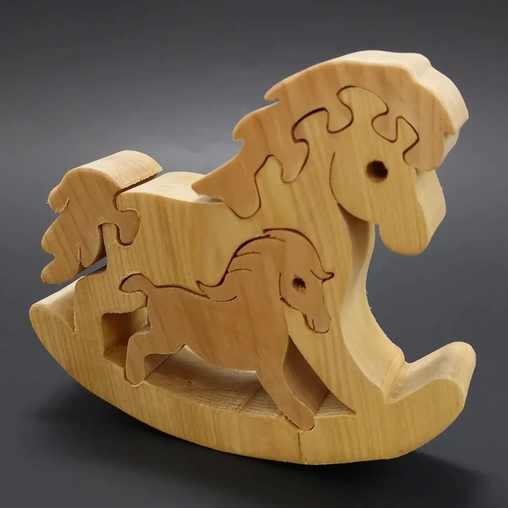 AMADEA Drevené puzzle hojdací kôň, masívne drevo dvoch druhov drevín, 13,5x11,5x3 cm