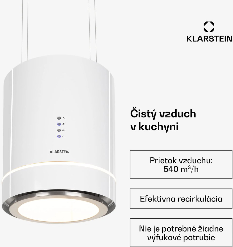 Klarstein Tron Ambience, digestor, 38 cm, ostrovčekový, 521 m³/h, LED, biely