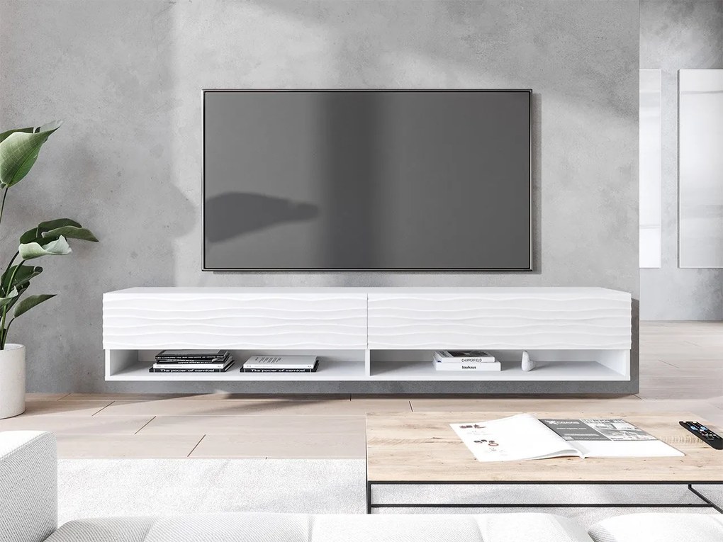 TV stolík/skrinka Adenik 180 MDF, Farby: biela / biela fala, Osvetlenie: osvetlenie LED RGB - farebné