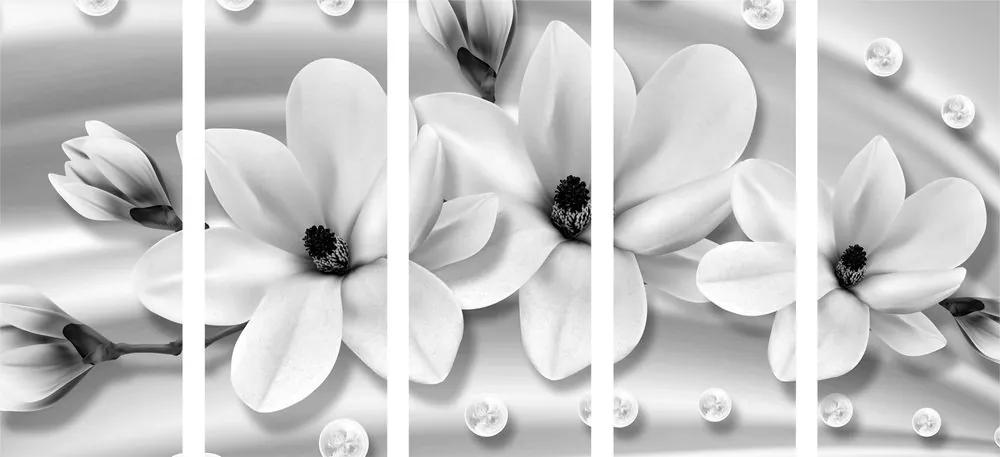 5-dielny obraz luxusná magnólia s perlami v čiernobielom prevedení - 100x50