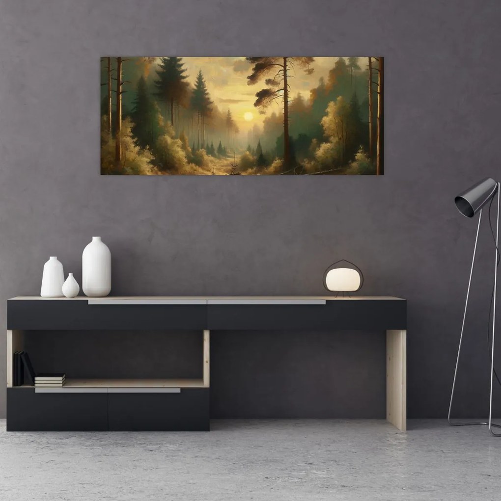 Obraz - Slnko žiariace lesom (120x50 cm)