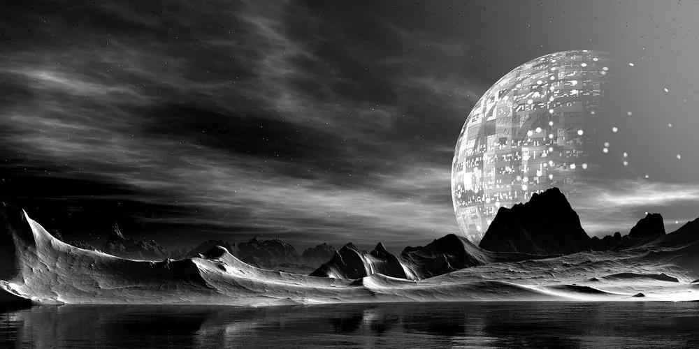 Obraz futuristická planéta v čiernobielom prevedení - 120x60