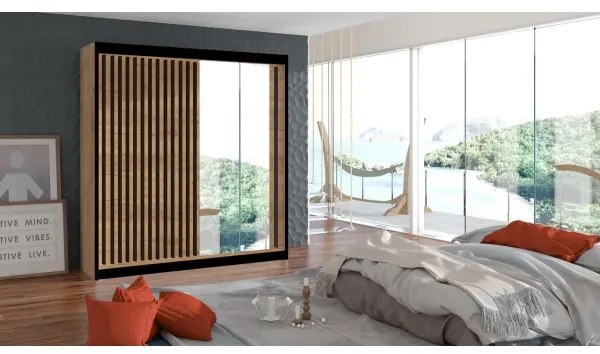 Šatníková skriňa so zrkadlom SANTINO 203x215 cm dub craft/čierna