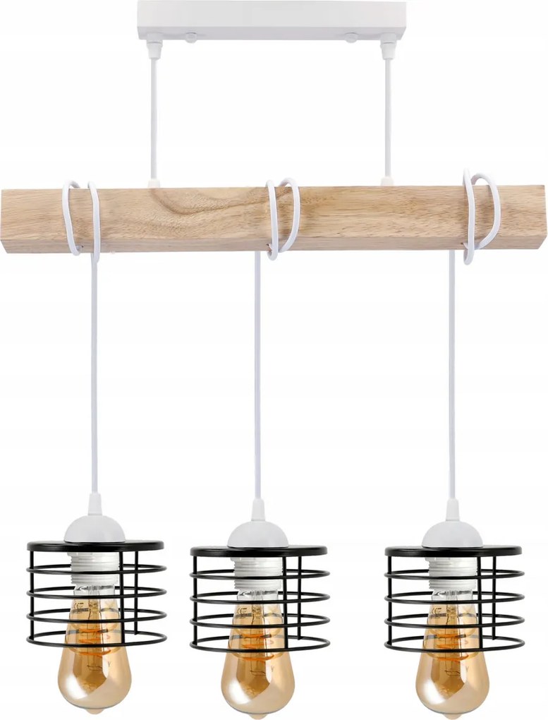 BERGE LED závesné stropné svietidlo, drevené, biele, 3xE27, loft pružina