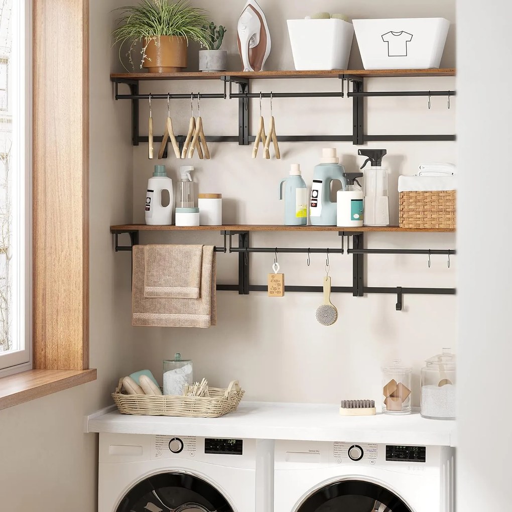 Nástenný vešiak s 8 háčikmi a policou, rustikálny hnedý