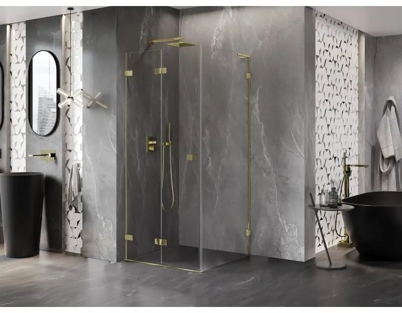Mexen Lunar-F L, skladací sprchový kút ľavý 90 x 90 cm, 8mm číre sklo, zlatý profil, 836L-090-090-50-00-L