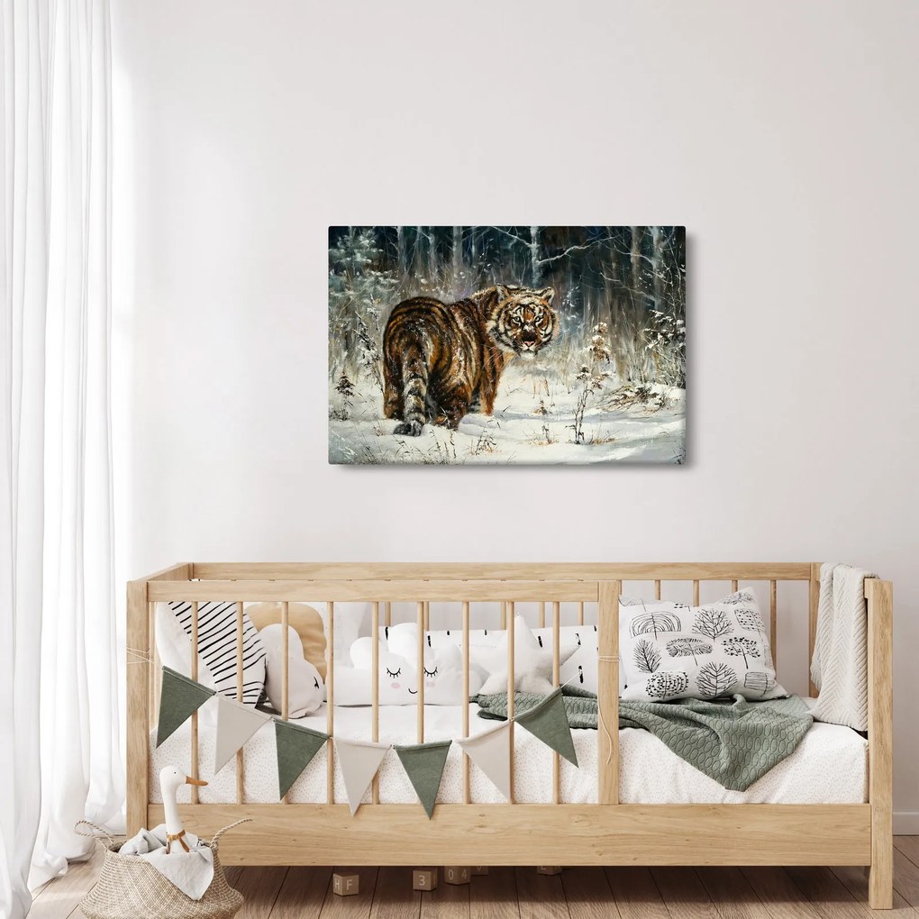 Obraz - Tiger v zasneženom lese, olejomaľba (90x60 cm)