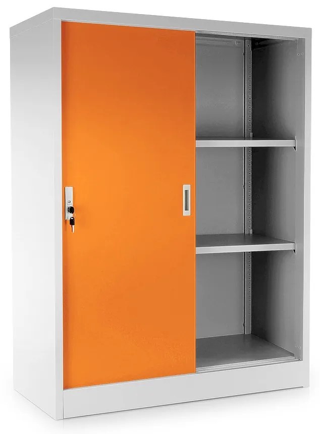 Stredná univerzálna kovová skriňa s posuvnými dverami 90 x 40 x 120 cm, cylindrický zámok, oranžová - ral 2004