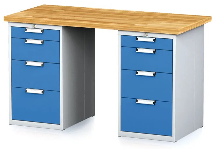 Alfa 3 Dielenský stôl MECHANIC I s 2 zásuvkovými dielenskými boxami na náradie namiesto nôh, 8 zásuviek, 1500 x 685 x 880 mm, modré dvere