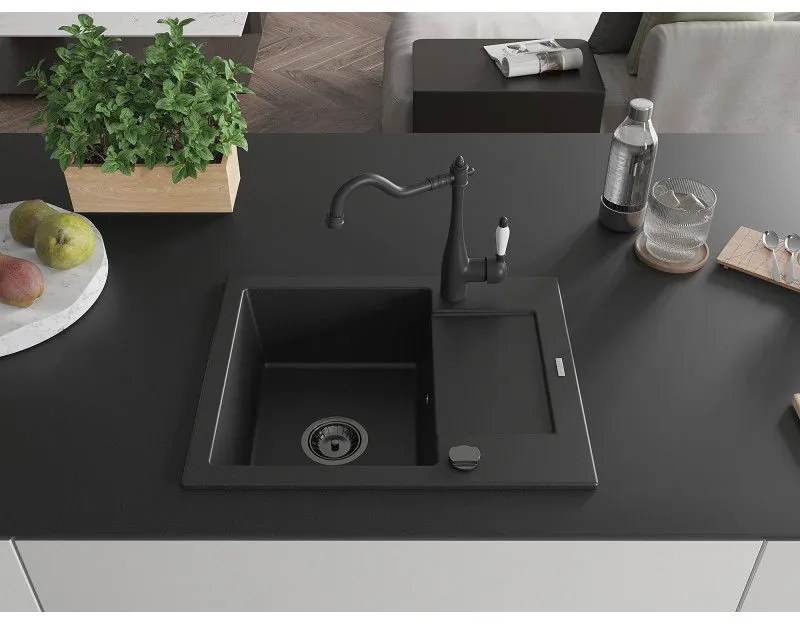 Mexen Enzo, granitový drez 576x465x174 mm, 1-komorový a drezová batéria Carla, čierna, 6506-77-670700-70-B