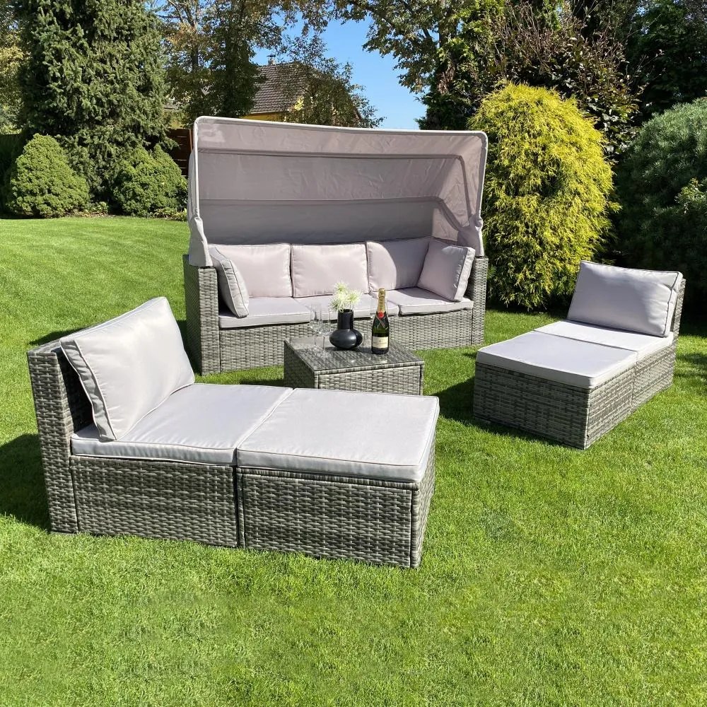 Ratanový sofa set so skladacou strieškou BELVEDERE - Sivá / Sivá