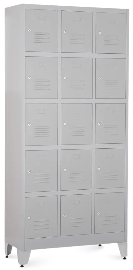 Kovová šatníková skrinka - 15 boxov, 90 x 40 x 196,5 cm, nastaviteľné nôžky, cylindrický zámok, svetlo sivá - ral 7035
