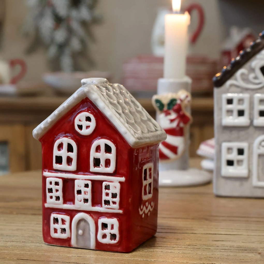 Červený keramický domček na čajové sviečky Chamonix - 6,5 * 7,5 * 10 cm