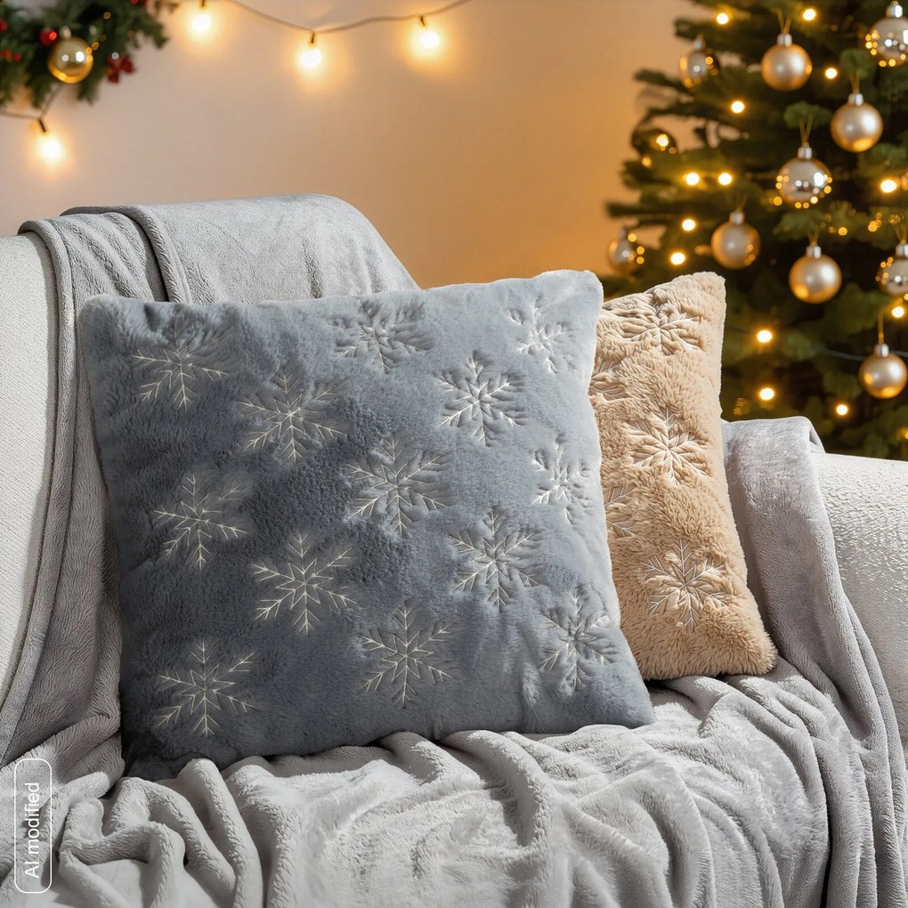 CHLPATÁ VIANOČNÁ DEKORAČNÁ OBLIEČKA NA VANKÚŠ SNOWY 45X45 CM SIVÁ