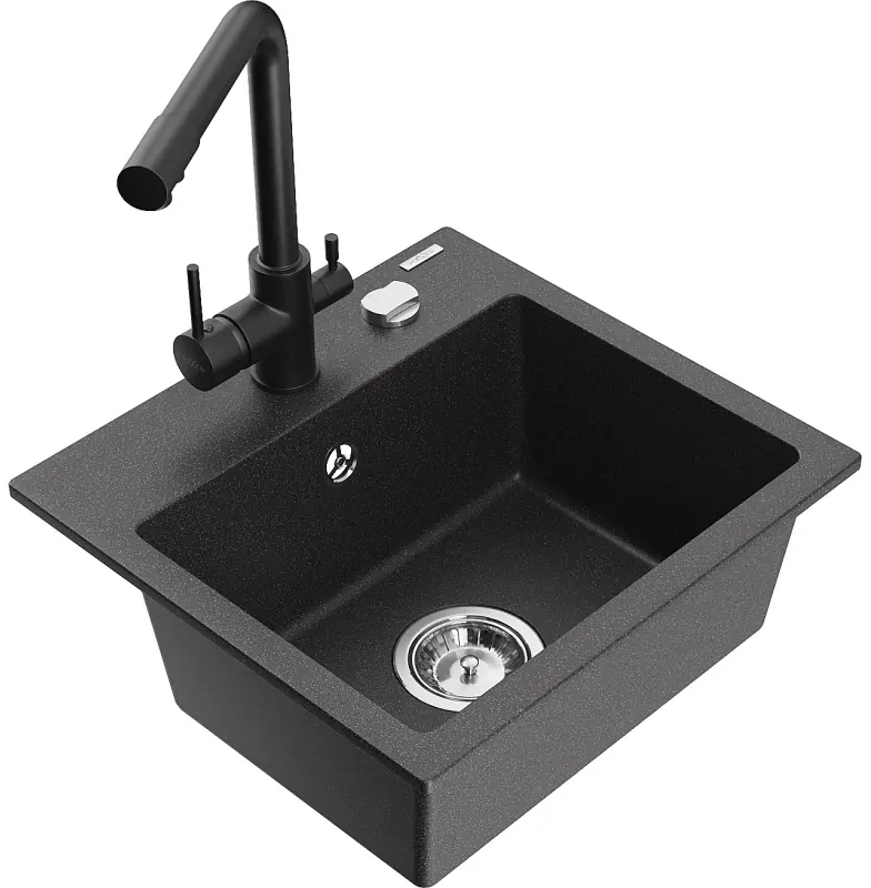 Mexen Milo, granitový drez 435x410x171 mm, 1-komorový a čierna batéria Duero, čierna škvrnitá, 6505-76-671600-70