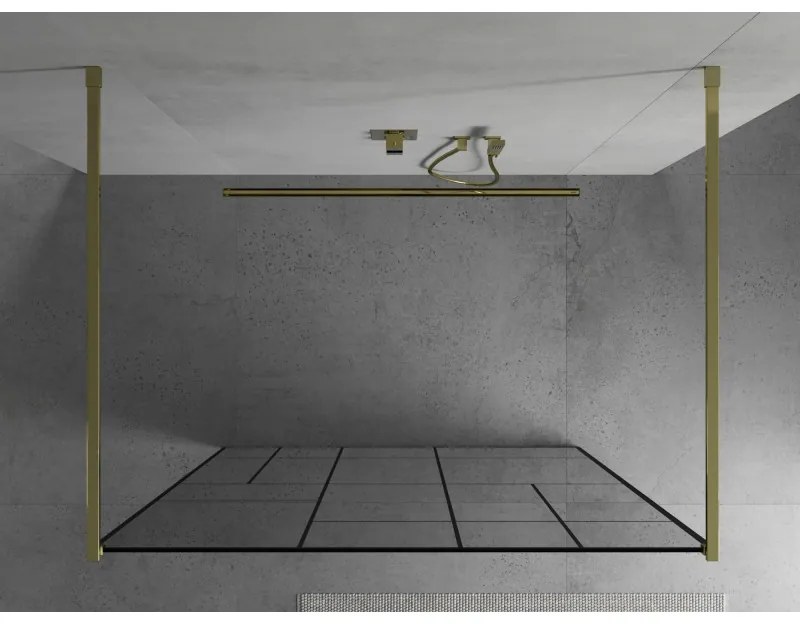 Mexen Kioto, priechodná sprchová zástena 140 x 200 cm, 8mm sklo číre/čierny vzor, 2x zlatá stabilizačná rozpera, 800-140-002-50-78