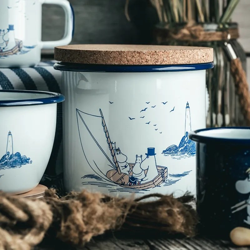 Dóza s vekom Moomins Sailors 1,3l, smalt-korok / modro-bílá