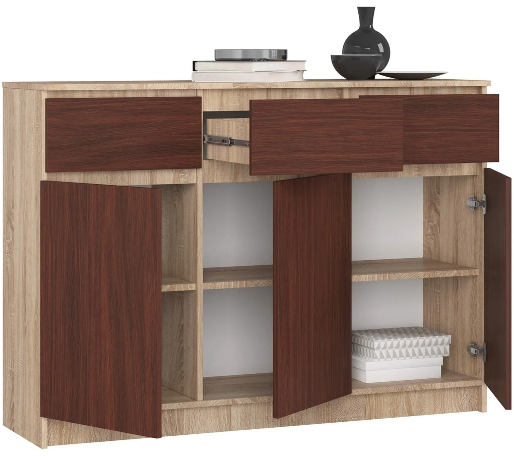Komoda Karolína 140 cm 3 skrinky a 3 zásuvky / dub sonoma/wenge
