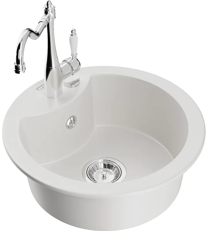 Mexen Diego, granitový drez 488x488x167 mm, 1-komorový a drezová batéria Carla, biela, 6512-20-670700-00