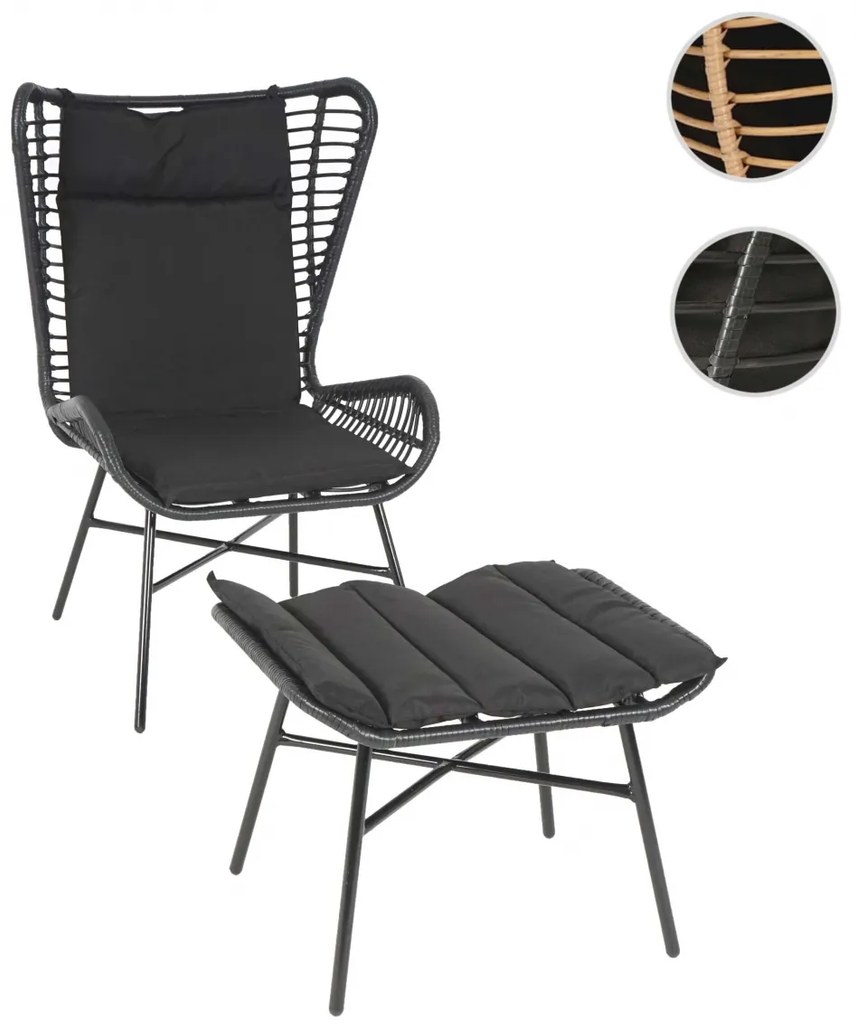 Kreslo s podnožkou HWC-G17b, polyratan - antracit, vankúš antracit