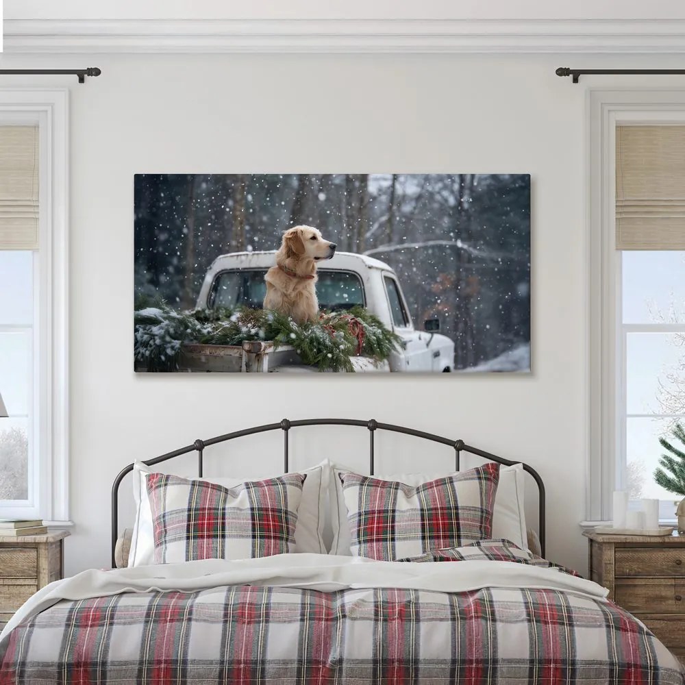 Vianočný obraz pes na korbe plnej ihličia