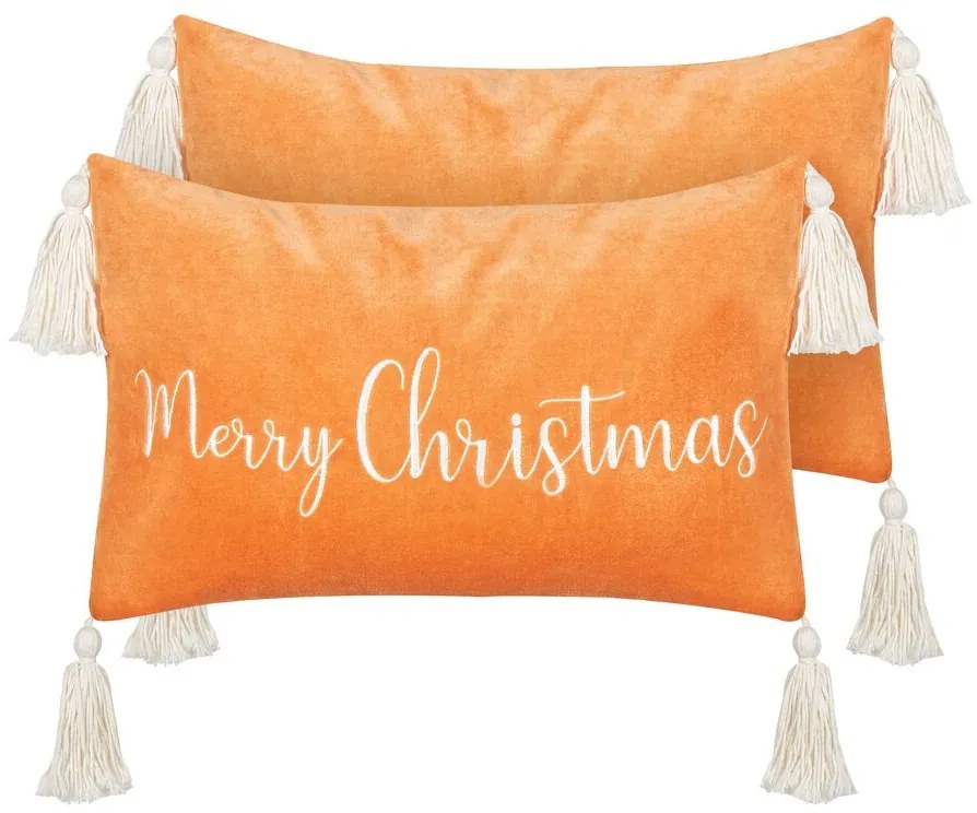 Sada 2 zamatových vankúšov s vianočným motívom a strapcami 30 x 50 cm oranžová LITHOPS Beliani